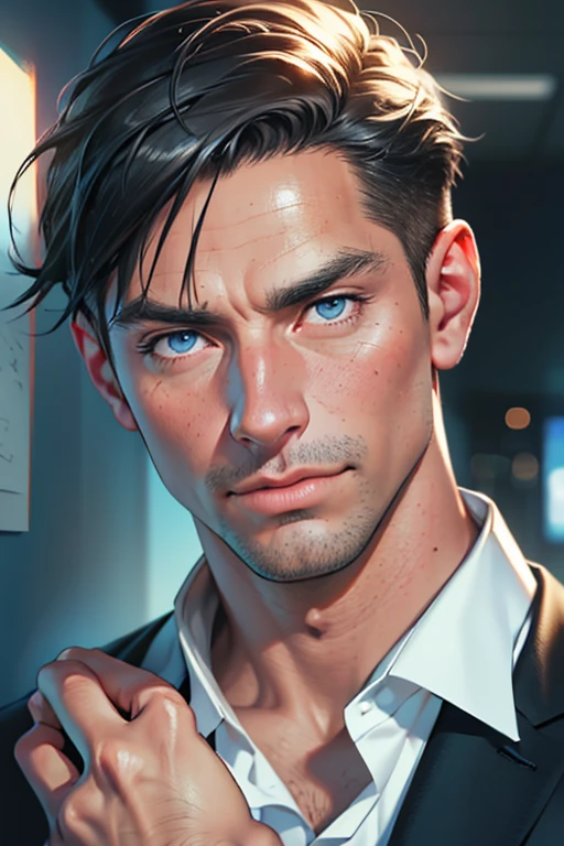 (Best Quality,4k,8k,high resolution,Masterpiece:1.2),ultra detailed,(realist,photorealist,photo-realist:1.37),1 man,31 years,mature man,very handsome,without expresion,muscled body,short gray black hair,Blue eyes,glare,perfect face without mistakes,imposing posture,businessman,office background,cinematic lighting,imagen HDR