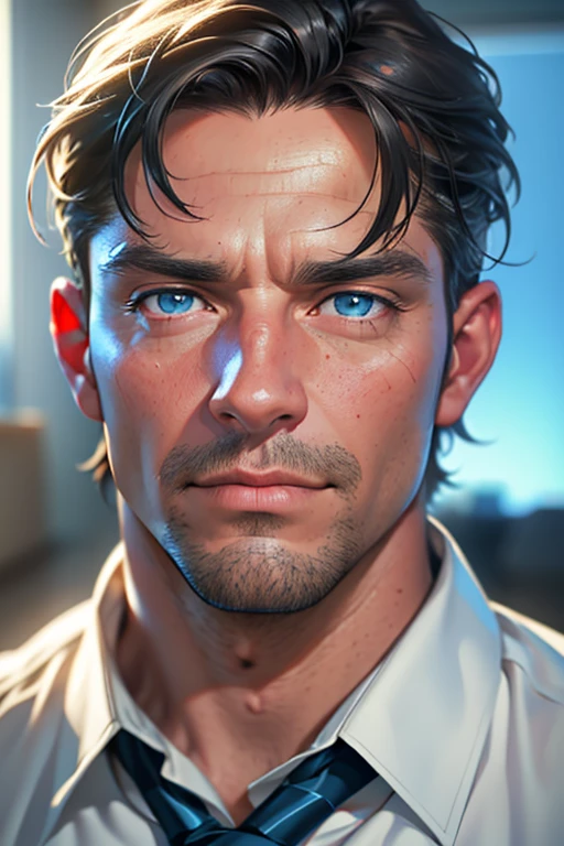 (Best Quality,4k,8k,high resolution,Masterpiece:1.2),ultra detailed,(realist,photorealist,photo-realist:1.37),1 man,31 years,mature man,very handsome,without expresion,muscled body,short gray black hair,Blue eyes,glare,perfect face without mistakes,imposing posture,businessman,office background,cinematic lighting,imagen HDR