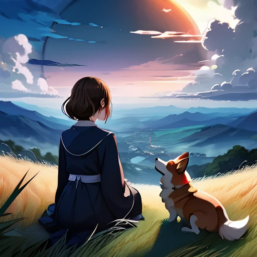 Requiem anime landscape of a girl&cute corgidog sitting on a hill with grasses with dark blue clouds, blue cere madder sky lightly big bell with few clouds, anime nature wallpapers, beautiful anime scene, beautiful anime peace scene, Makoto Shinkai Cyril Rolando, beautiful scene of anime, amazing wallpaper, anime art wallpaper 8k, anime background, art anime background, anime 4k wallpaper, anime art 4k wallpaper, anime art 4k wallpaper, prayer of requiem prayer of requiem
