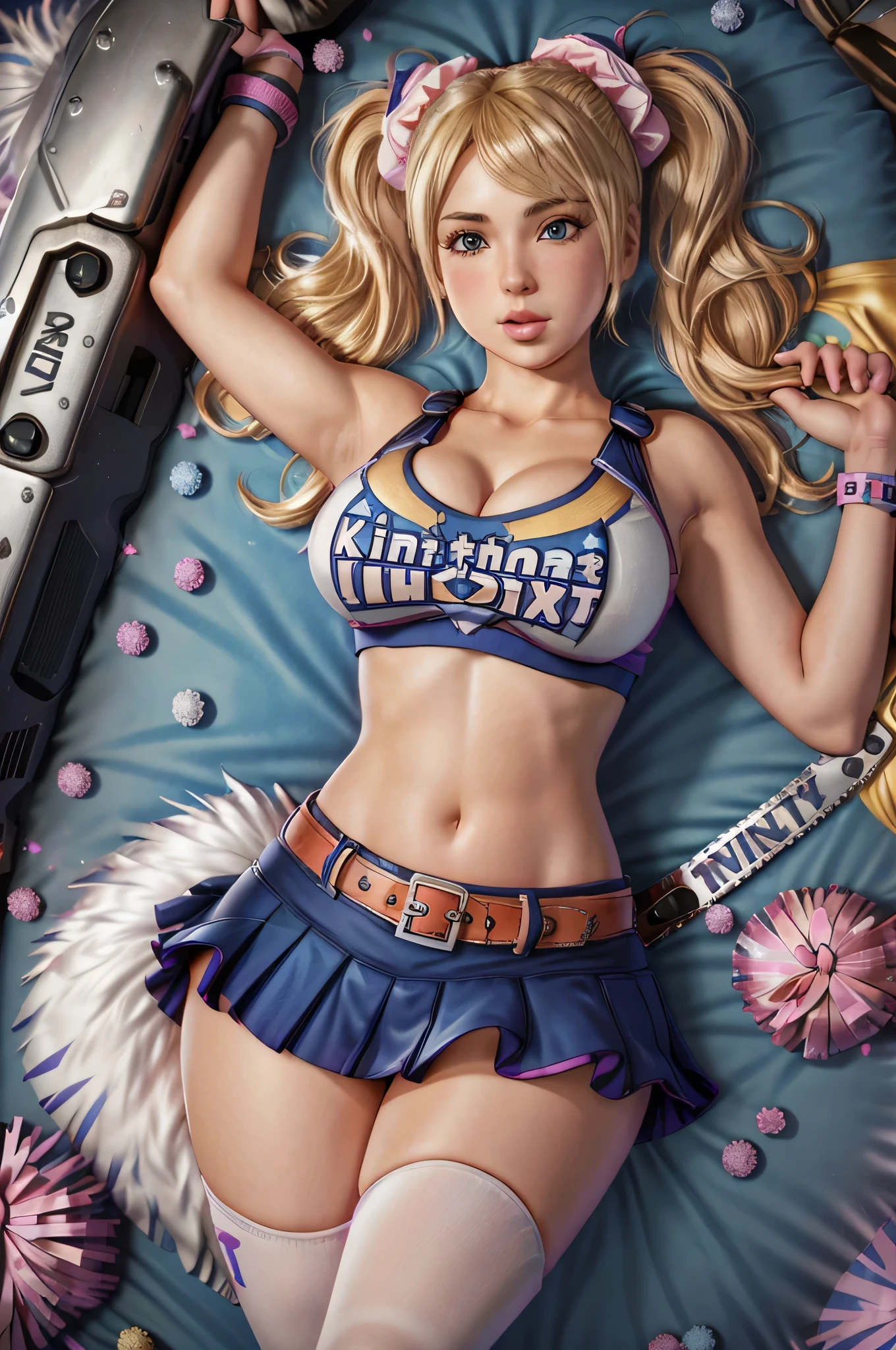 JulietChainsaw, 1girl, solo, blonde hair, cheerleader, midriff, candy, twintails, thighhighs, blue eyes, navel, crop top, skirt, breasts, food, belt, lollipop, cleavage, lying, wristband, miniskirt, clothes writing, on back, pom pom (cheerleading), large breasts,   (absurdres, masterpiece, unrealistic, render, 3d,cgi,cg,2.5d, best quality, high quality, ultra-detailed, full sharp, (FullHD epic wallpaper) 8k uhd, dslr, soft lighting, high quality, film grain, Fujifilm XT3), (by Alex Horley, by Artgerm)