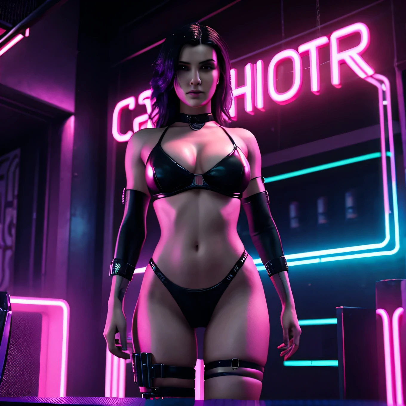 there is a woman standing with a rainbow light, 3 d neon art of a womans body, neon-noir background, cyberpunk femme fatale, seductive cyberpunk dark fantasy, cyberpunk strip clubs, cyberpunk 20 y. o model girl, oppai cyberpunk, banner, high definition cgsociety, cgsociety masterpiece, trending on cgstation, kda, beautiful face, sexy, exposed breast,