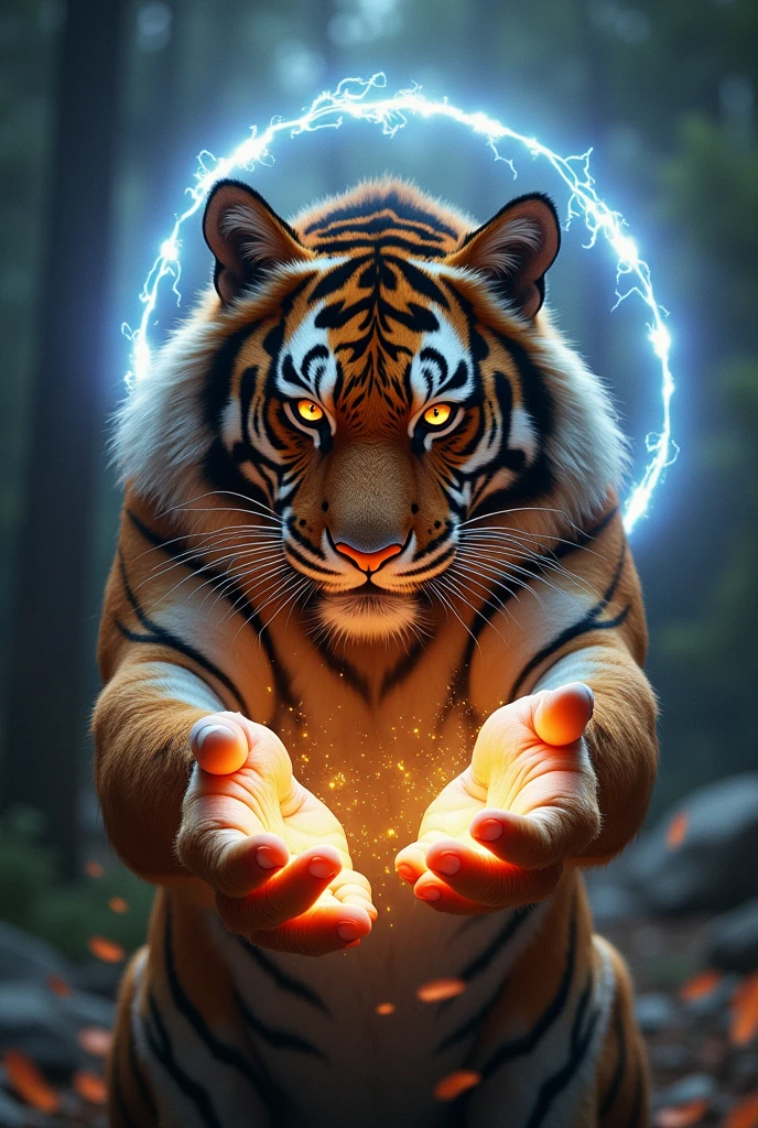 I want a very muscular tiger with a magic circle on its back, eyes very bright as if they were lightning and with both hands extended forward and as if power was coming out of their hands as if it were smoke