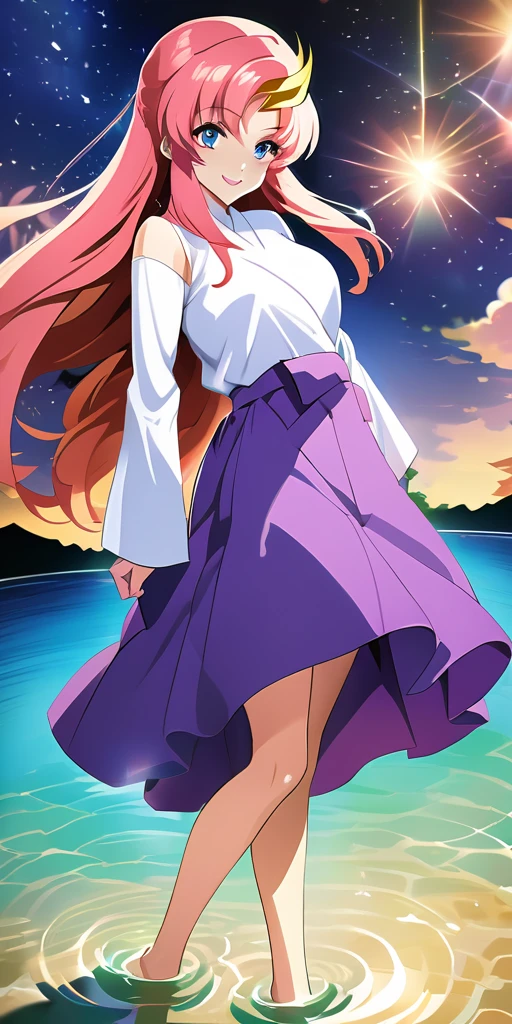32K，超High resolution，超Highest quality，masterpiece，Hyperrealistic，16 years old〜20-year-old female，Full body photo，Full body angle，Whole Body Ezbian，Surreal，Very detailed:1.3，Ultra-realistic:3.0，masterpiece,Detailed eyes,Detailed skin,Detailed face,Shiny skin,Detailed Hair,White skin,Perfect lighting,Glossy Lips,wallpaper,京都animeーション, animeカラーリング  ，Produced by Sunrise，BANDAI NAMCO，Klein Lake,Gundam SEED，In 2011〜2024 Era \(style\),masterpiece, Highest quality, High resolution, anime, Lacus 1, One girl, alone, Pink Hair, Straight hair, hair ornaments, White sleeves, blue eyes, White Dress, Purple Skirt, Long skirt,Dress，Swimsuit，Yukata， Very long hair, Bare shoulders, Large Breasts, smile, Gundam SEED, In the water lake,retro artstyle,Under the stars，The fireworks are blooming，