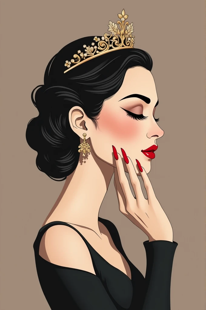 Create a logo of a bust of an elegant and sophisticated bourgeois woman, in profile showing her manicured hands, and adapt it to this style, but for a manicure studio, nail designer, in a somewhat minimalist way and with the archetype of a ruler. With your eyes open.