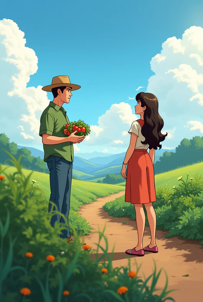 in animated form, Woman watching a man with vegetables from a distance