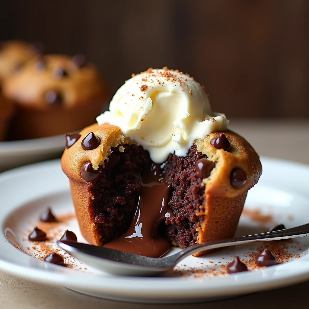 Chocolate chip muffin with melted chocolate inside and a scoop of vanilla ice cream on top of the muffin 
