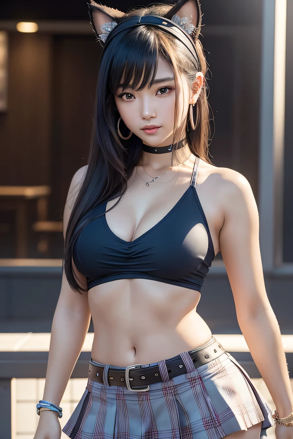 (beautiful asian girl, idol, extremely detailed CG, High quality 8K, Depth of field, cinematic light, Lens flare, ray tracing, beautiful lips, gorgeous eyes, face with intricate details, ultra detailed skin, 1 girl, in dark, deep shadow, frontal photo, face forward, eyes large, eyes browns, random position, pale skin, hair blue, rainbow colored bangs, extra chubby, very small perky breasts, detailed neckline, looking ahead at viewer, great smile, wear a low-waisted white plaid skirt, tight top that matches a skirt, large space between thighs:1.6, (Full-figured:0.9),, Piercing no umbigo, hips up, wear a bandana with cat ears, aretes, piercings, jewerly, many bracelets, at a hockey game), (Intense sexual appeal of young women), small shoulders, Double eyelids, bikini tan, big gap between crotch, (micro miniskirt:1.2), 
An Asian girl, exhibiting idol-like features, emerges from the depths of shadow in an extremely detailed CG Unity 8K wallpaper. His beautifully sculpted face features intricate detail, with ultra-detailed skin that looks almost alive, shorth hair 