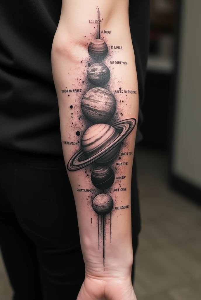 A tattoo on the forearm of planets in synergy and black and white phrases 