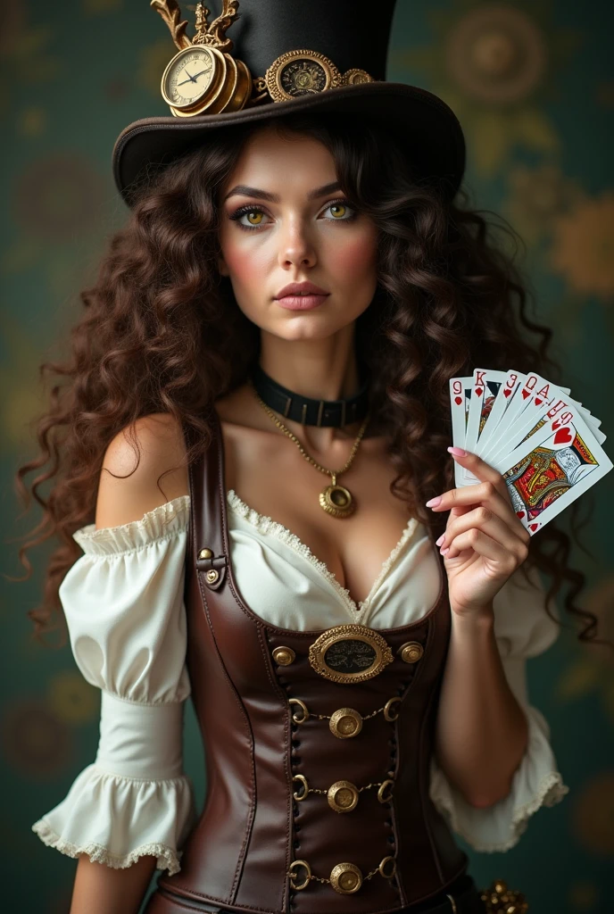 Woman with curly hair, yellow eyes, wearing a steampunk style outfit and a steampunk style top hat and holding a deck of cards in her right hand.