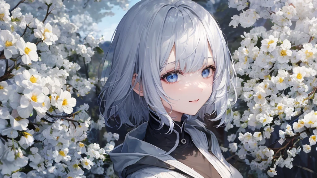 Ultra HD,Look at the viewers, Place your hands behind your back, With a girl, 20-year-old, 非常にshort hair, Long bangs between the eyes, Pale blue eyes, Very detailed,(masterpiece、Highest quality),Gray Hair、Laughter、wonderful, Silver Hair, iris, short hair、 Fluttering Hair、Small face、明るいsmile、(Detailed face) ,Professional Lighting,wonderful風景,blue sky, sunlight,Looking down from above,Portraiture、Open your mouth、Flower Field、Her eyes were shining、Mysterious and enchanting atmosphere。With AI Painting、とてもshort hair, Long bangs between the eyes, Very detailed,(masterpiece、Highest quality)、alone、Gray Hair、Fantasy, Silver Hair, Fantasyな風景、smile、Open your mouth、short hair、short hair、hairpin、black eye、Grey Eyes、Beautiful Eyes、Black Shirt、White hoodie