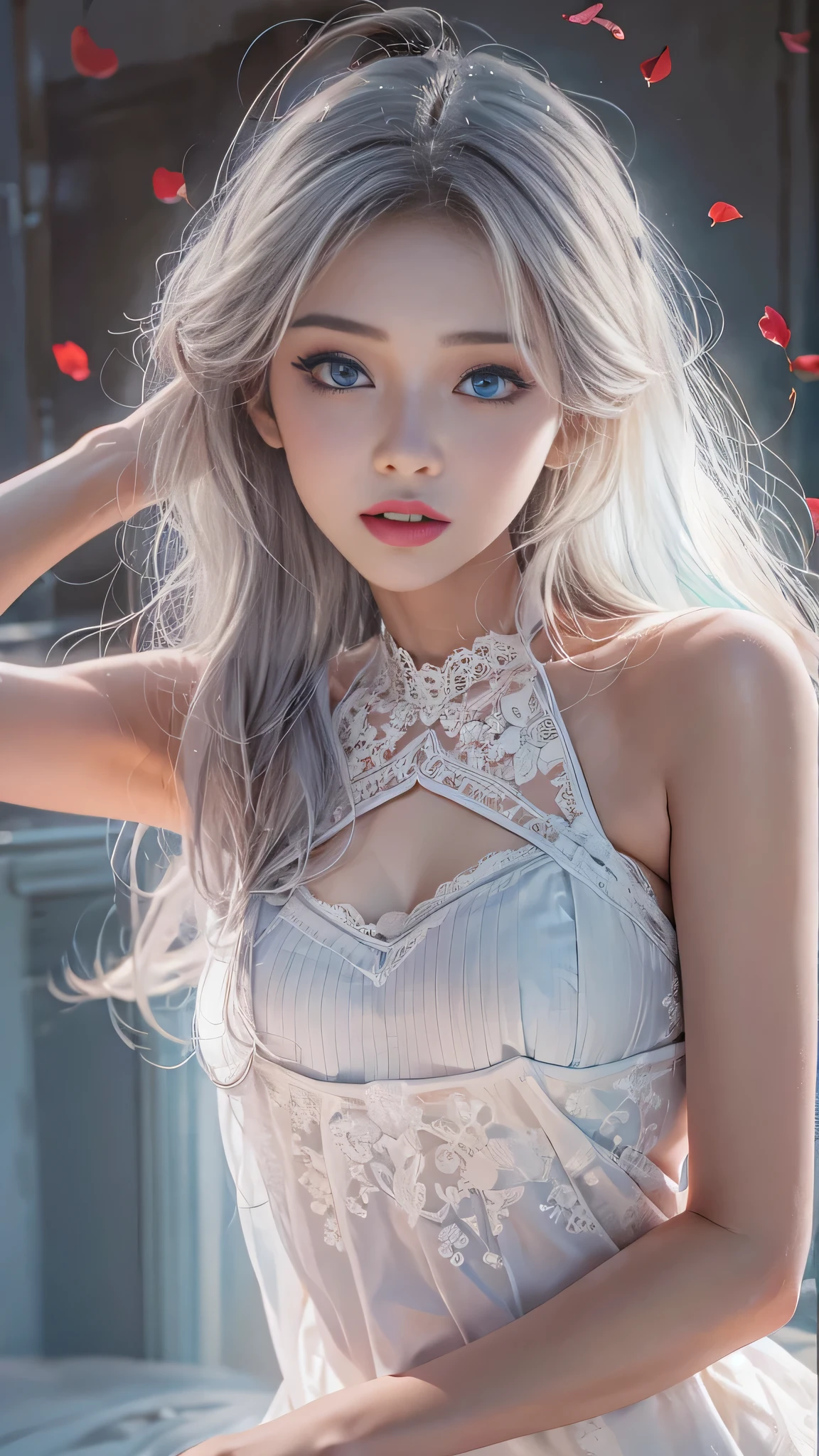 (Girl in a semi-transparent one-shoulder white miniskirt dress), (フォトRealistic:1.4), (ハイパーRealistic:1.4), (Realistic:1.3), (Smooth lighting:1.05), (Cinematic Lighting Quality Improvements:0.9),. 32K, 1 Girl,20 year old girl, Realistic lighting, Backlight, Face light, Ray tracing, (Brightening light:1. 2), (Image quality improvement:1.4), (Highest quality realistic textured skin:1. 4),(Big Blue Eyes), Detailed drawn eyes、Detailed painted face、Fine textured eyes、(tired、sleepy、satisfaction:0.0)、A shirt that shows off a lot of cleavage、(Accentuates the body line:1.1)、(Beautiful textured skin:1.1)、(Red petals are flying)、（Black lace panties are visible)、Slim long legs、