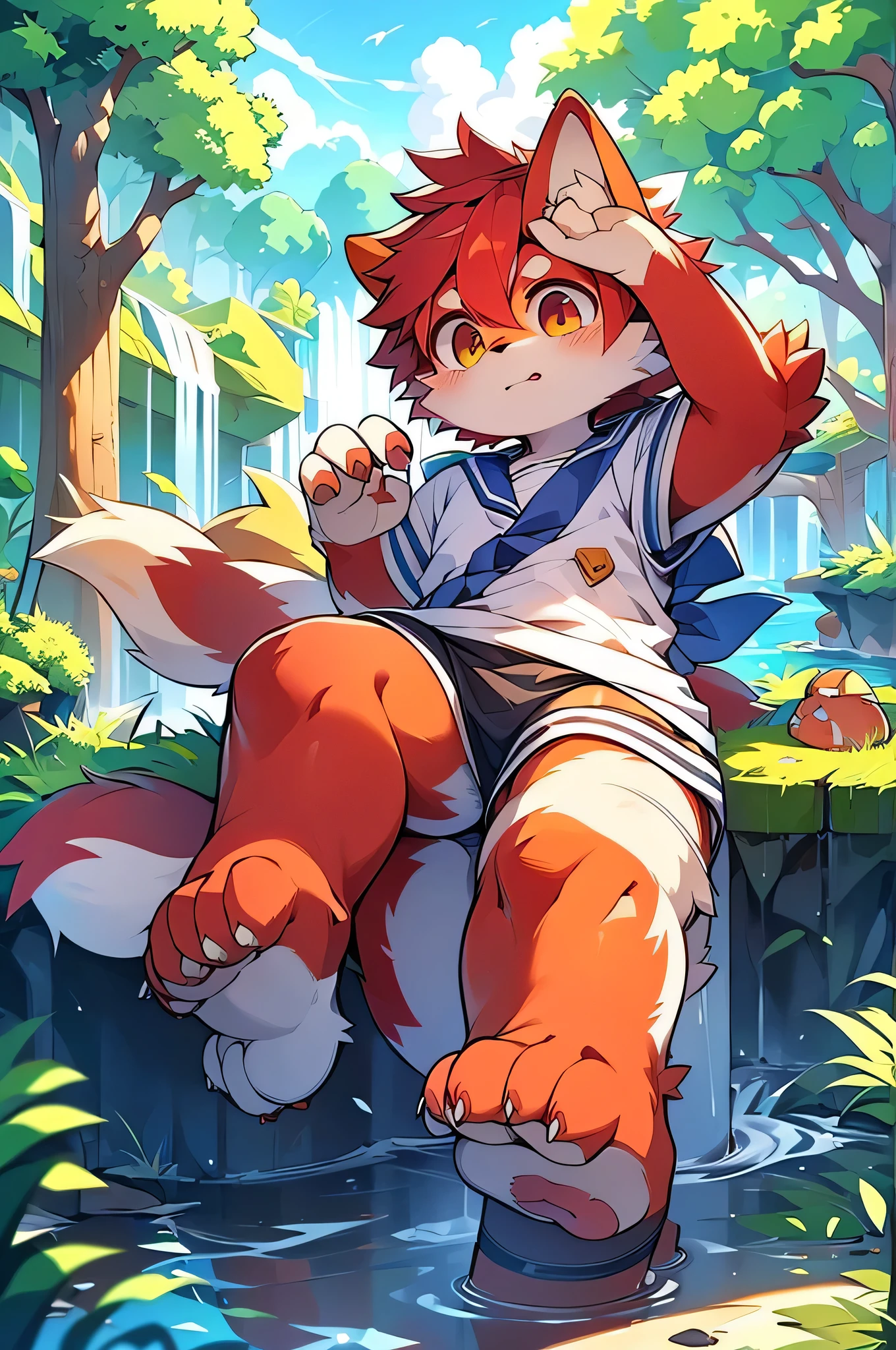 Dagashi,Hair growing all over the body,Red fur,Red face,Gray Hair,Male puppies,Libido boy,Red face fur,Fluffy tail,,Shining Eyes,Panoramic View:1.2,Character Focus,((Wearing a sailor uniform,River side,waterfall,nature,beautiful))
