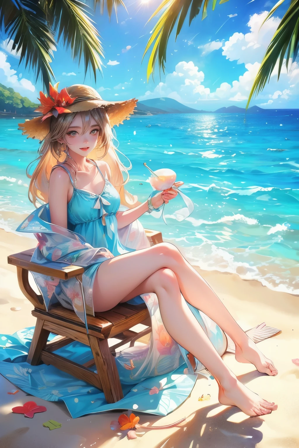 (Highest quality, High resolution, 32K , Very detailed:1.3, masterpiece:1.2, Realistic:1.37), Enjoying a beach vacation, pretty girl, Pastel sunglasses on head, Crystal White Skin, Wearing a colorful and cute swimsuit with ribbons, Golden sandy beaches, Clear turquoise water, Gentle sea waves, Shining Sun, cool ocean breeze, Palm trees swaying, Playful Seagulls, Expressions of joy, long flowing hair, smile, Rosy Cheeks, Sparkling eyes, Go to the sand, Beach towel, Sunscreen lotion, Straw hat, vibrant and lively atmosphere, Summer atmosphere, Happy and carefree, Carefree laughter, relaxing getaway, Colorful beach umbrellas, Refreshing tropical drinks, Beach Toys, Beach ball, shell, Sand castles, footprints in the sand, Family and friends having fun, Vibrant beach scene, Perfect summer moments, pure joy and happiness, The magic of childhood, eternal memories