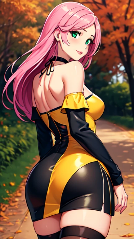 Masterpiece, raw, beautiful art, professional artist, 8k, art style by sciamano240, very detailed face, very detailed hair, 1 woman, perfectly drawn body, beautiful face, long hair, pink hair , very detailed green eyes , rosey cheeks, intricate details in eyes, playful smile, looking directly at viewer , in love with viewer expression, black chocker, lipstick, wearing cute fall clothes, tight long sleeve black off shoulder tube top, short black pencil skirt, thigh boots, standing, sunny day fall setting, focus on feet, rear view, exposed shoulders