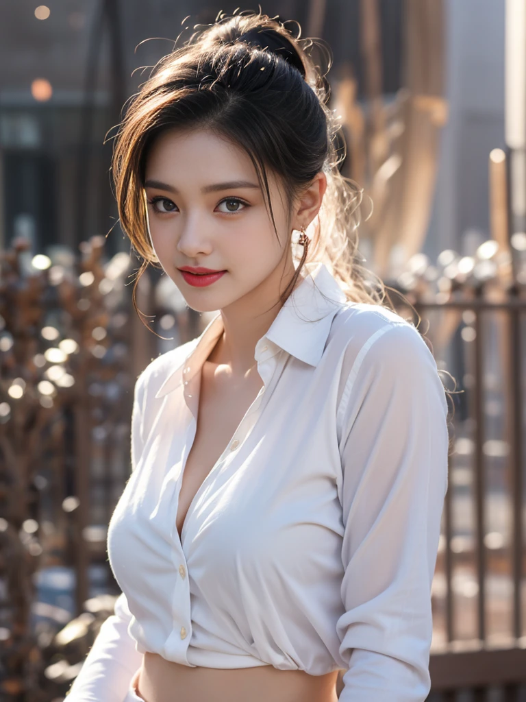 1 beautiful girl wearing a work shirt, ((provocative thin white shirt)), long platinum purple ponytail. Hair, Jewelry, earrings, thin black silk scarf, carefully drawn big purple eyes, carefully made up, thin eyebrows, high nose, beautiful red lips, bright smile, pursed lips, rosy cheeks, wide chest, big breasts, well-proportioned breasts, slim waist, well-proportioned buttocks, purple fishnet stockings, Chinese Hanfu style, fictional art pattern, colorful and realistic, RAW photo, Realistic photo, ultra-high quality 8k surreal photo, (effective magical light effect: 1.8), 10 x pixels, magic effect (Background): 1.8), super detailed eyes, full body portrait of the girl, vineyard, dynamic, pose