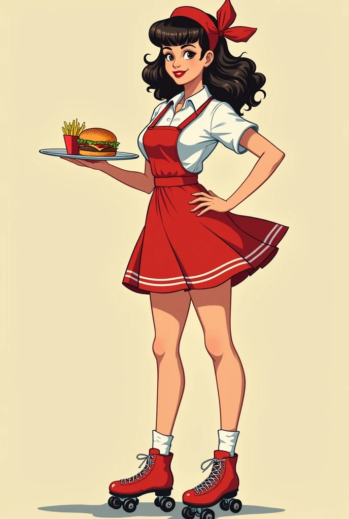 Create a retro vintage waitress teen with dark brown hair and bangs, with dark brown eyes, holding a tray with burger and fries, dressed in red and white skates, with a cool pose, old style drawing 50s retro vintage 