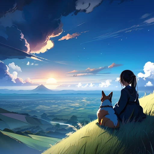 Requiem anime landscape of a girl&cute corgidog sitting on a hill with grasses with dark blue clouds, blue cere madder sky lightly big bell with few clouds, anime nature wallpapers, beautiful anime scene, beautiful anime peace scene, Makoto Shinkai Cyril Rolando, beautiful scene of anime, amazing wallpaper, anime art wallpaper 8k, anime background, art anime background, anime 4k wallpaper, anime art 4k wallpaper, anime art 4k wallpaper, prayer of requiem prayer of requiem