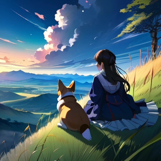 Requiem anime landscape of a girl＆cute corgidog sitting on a hill with grasses with dark blue clouds, blue cere madder sky  lightly big bell   with few clouds, anime nature wallpapers, beautiful anime scene, beautiful anime peace scene, Makoto Shinkai Cyril Rolando, beautiful scene of anime, amazing wallpaper, anime art wallpaper 8k, anime background, art anime background, anime 4k wallpaper, anime art 4k wallpaper, anime art 4k wallpaper,  prayer of requiem  prayer of requiem