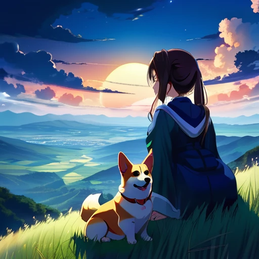 Requiem anime landscape of a girl＆cute corgidog sitting on a hill with grasses with dark blue clouds, blue cere madder sky  lightly big bell   with few clouds, anime nature wallpapers, beautiful anime scene, beautiful anime peace scene, Makoto Shinkai Cyril Rolando, beautiful scene of anime, amazing wallpaper, anime art wallpaper 8k, anime background, art anime background, anime 4k wallpaper, anime art 4k wallpaper, anime art 4k wallpaper,  prayer of requiem  prayer of requiem