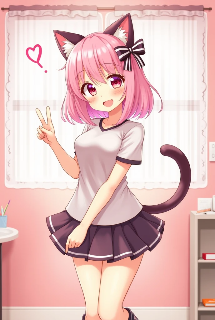 One girl,Cat girl,Animal ears,tail,View your viewers,smile,peace sign,Cute pink room,Heart Items,ribbon,Are standing,Upper Body,Perfect body