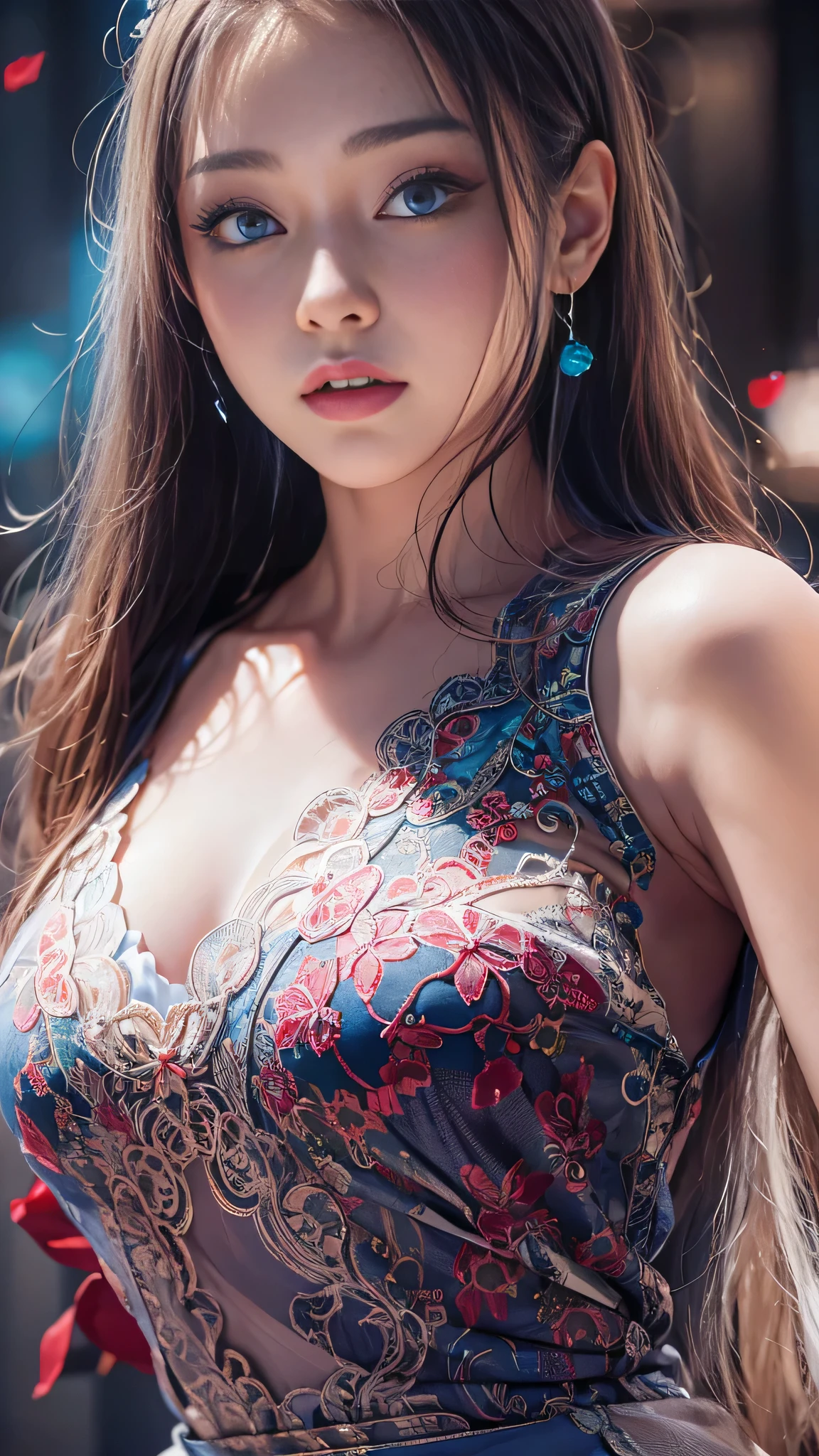 (Girl in a semi-transparent one-shoulder white miniskirt dress), (フォトRealistic:1.4), (ハイパーRealistic:1.4), (Realistic:1.3), (Smooth lighting:1.05), (Cinematic Lighting Quality Improvements:0.9),. 32K, 1 Girl,20 year old girl, Realistic lighting, Backlight, Face light, Ray tracing, (Brightening light:1. 2), (Image quality improvement:1.4), (Highest quality realistic textured skin:1. 4),(Big Blue Eyes), Detailed drawn eyes、Detailed painted face、Fine textured eyes、(tired、sleepy、satisfaction:0.0)、A shirt that shows off a lot of cleavage、(Accentuates the body line:1.1)、(Beautiful textured skin:1.1)、(Red petals are flying)、（Black lace panties are visible)、Slim long legs、