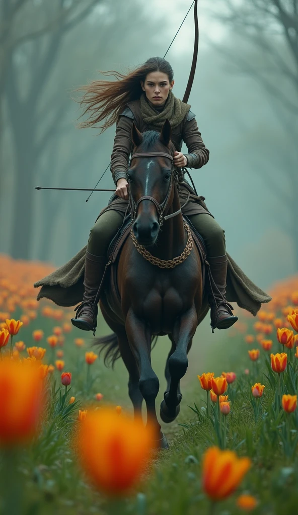 black fantasy, sinister atmosphere, Female elf archer, light leather armor, fast gallop on horseback through a field of wild tulips, detailded, profile pic, full body shot shot, disheveled hair from running, wide-angle shot