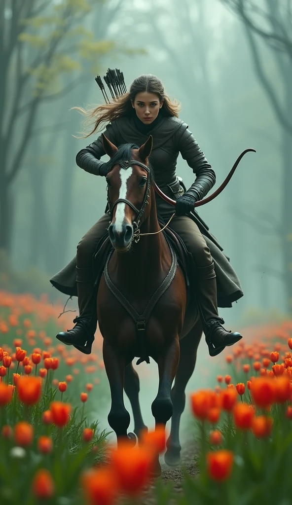 black fantasy, sinister atmosphere, Female elf archer, light leather armor, fast gallop on horseback through a field of wild tulips, detailded, profile pic, full body shot shot, disheveled hair from running, wide-angle shot