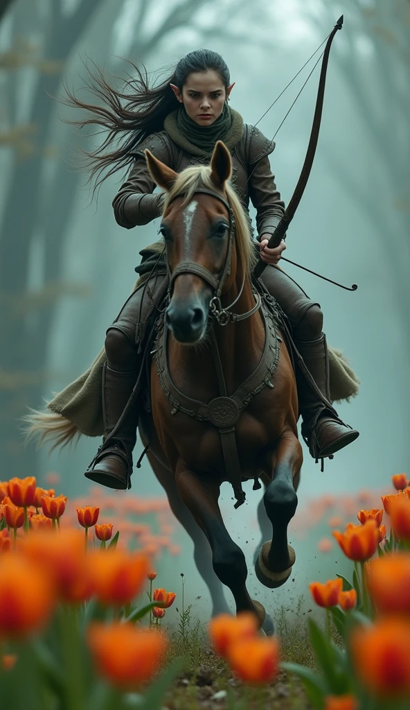 black fantasy, sinister atmosphere, Female elf archer, light leather armor, fast gallop on horseback through a field of wild tulips, detailded, profile pic, full body shot shot, disheveled hair from running, wide-angle shot