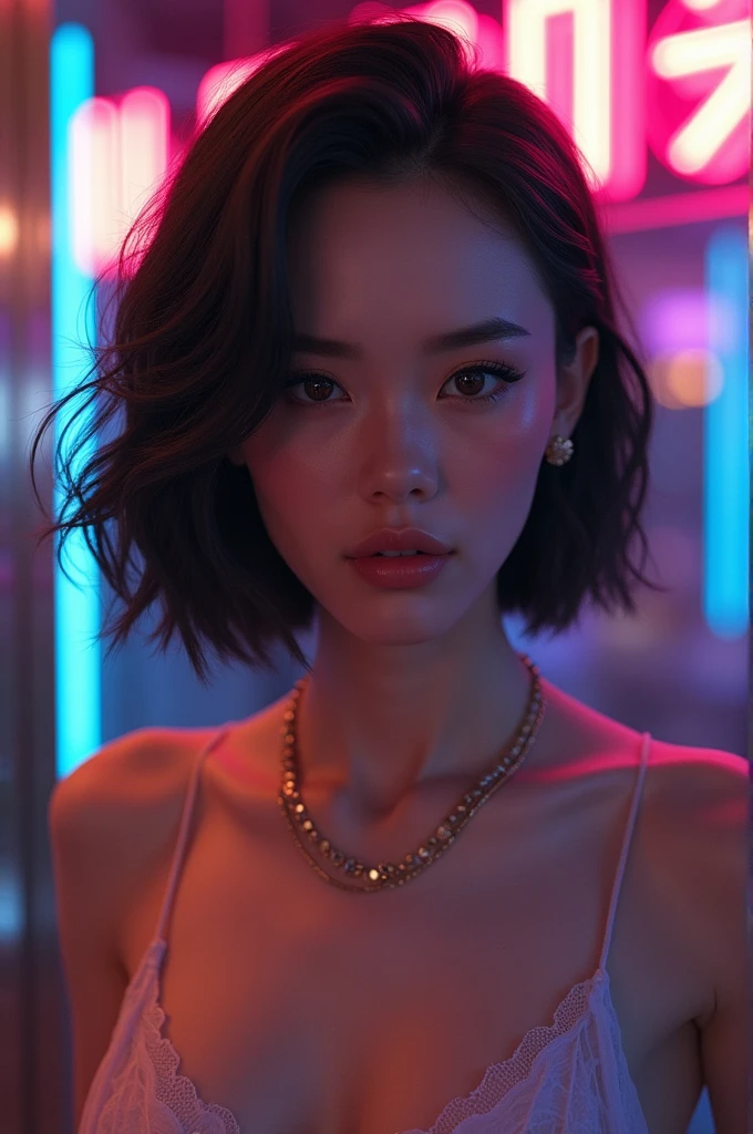 8k, masterpiece, RAW photo, best quality, photorealistic, extremely detailed CG unity 8k wallpaper, Depth of field, Cinematic Light, Lens Flare, Ray tracing, (extremely beautiful face, beautiful lips, beautiful eyes), intricate detail face, ((ultra detailed skin)) 1girl, ((Beautiful Silky satin Violet T-shirt )), ((Beautiful Silky satin Violet Above knee length skirt)), in the dark, deep shadow, pretty korean girl, kpop idol, 1 girl, (very slim slender fit-muscled body:1.3), ((looking at viewer)),(big smile:1.3), (fashion city night, dark night, (neon sign), (blurred background), fashion street night),(without people in the background:1.3), beautiful earrings, bracelets, necklace, pantyhose, clear eyes, (pale skin), (big eyes), face forward, ((upper body shot)), (looking at viewer:1.3) very slim, medium breasts, (Ultra-realistic, gazing at viewer), (hight resolution), (8K), (ighly detailed), (Brown hair, short-hair), (Show the navel), (Slim body)