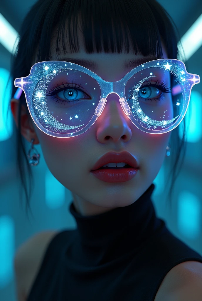 The model is wearing glass sunglasses with stars and the moon on the glass