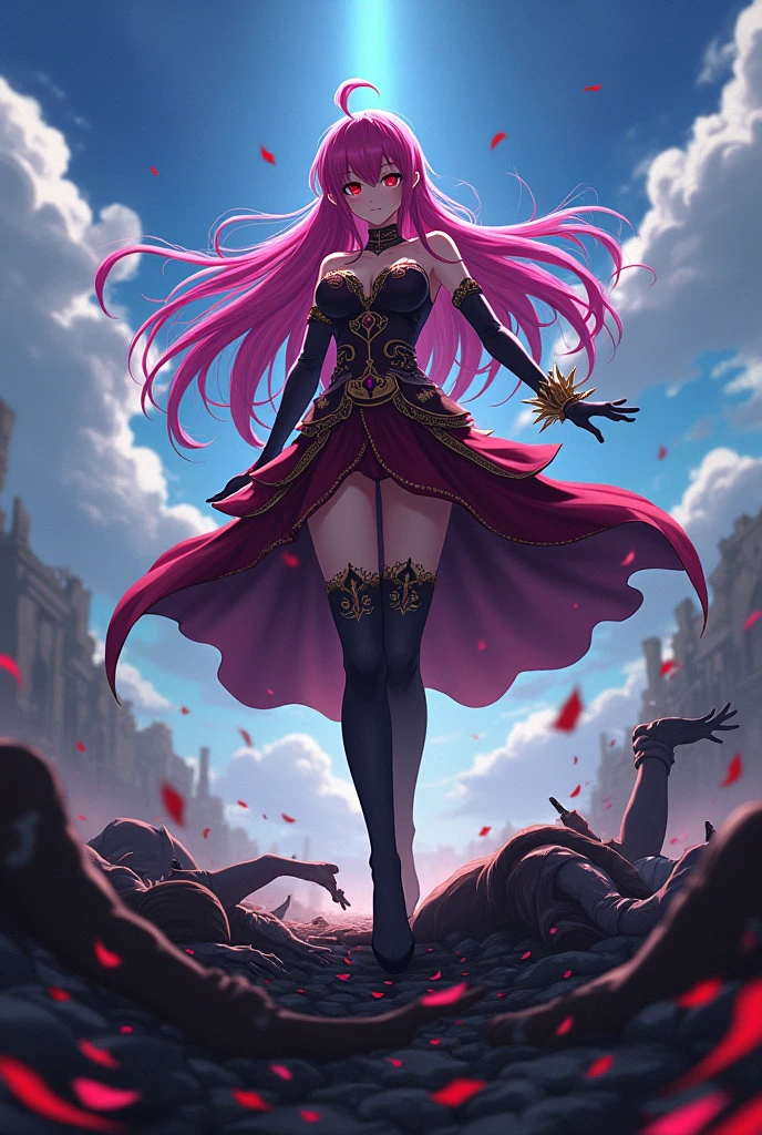 Anime Chiyu Mahou No Machigatta Tsukaikata, the character Rose, On the battlefield , stop at corpses , with a menacing smile