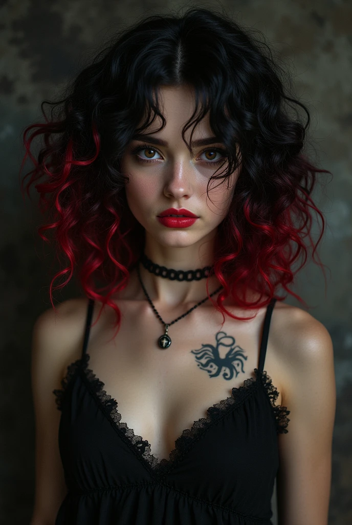 Brunetette, black and red curly hair, she is  and has a tattoo on her chest