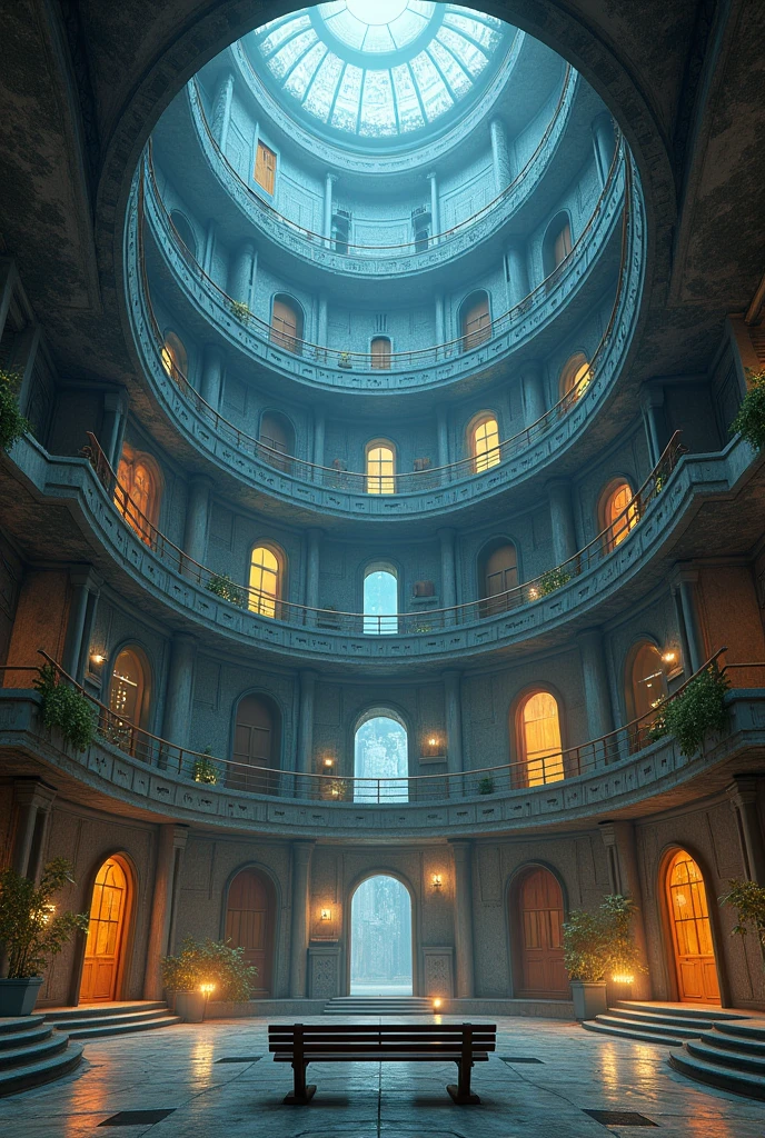 A round building 30 round floors You can see the doors that are many doors and that in some doors they are open and universes are visualized On each floor it is different as if it led to a different dimension On the side it contains an elevator and it has different descent positions for each floor The visualization of the image is from the center of the building where it has a patio, where you can see a bench to appreciate the building 