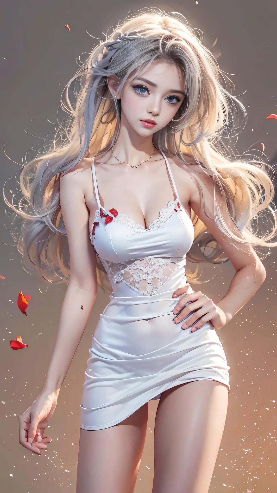 (Girl in a semi-transparent one-shoulder white miniskirt dress), (フォトRealistic:1.4), (ハイパーRealistic:1.4), (Realistic:1.3), (Smooth lighting:1.05), (Cinematic Lighting Quality Improvements:0.9),. 32K, 1 Girl,20 year old girl, Realistic lighting, Backlight, Face light, Ray tracing, (Brightening light:1. 2), (Image quality improvement:1.4), (Highest quality realistic textured skin:1. 4),(Big Blue Eyes), Detailed drawn eyes、Detailed painted face、Fine textured eyes、(tired、sleepy、satisfaction:0.0)、A shirt that shows off a lot of cleavage、(Accentuates the body line:1.1)、(Beautiful textured skin:1.1)、(Red petals are flying)、(Black lace panties are visible)、Slim long legs、