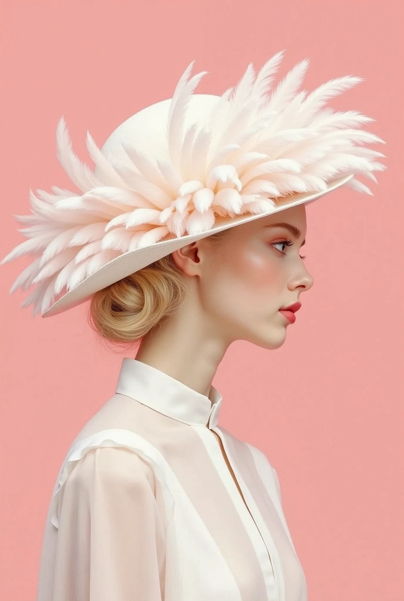 A blonde girl wearing a white hat made of flamingo feathers,The background is pink,With pink hue, Detailed illustrations in the style of Hugh Kretschmer and Nicoletta Ceccoli,Features magical realism style and soft pink color, Use a pastel pink color scheme,With symmetrical composition and simple design,Similar to fashion magazine covers or editorial photography.