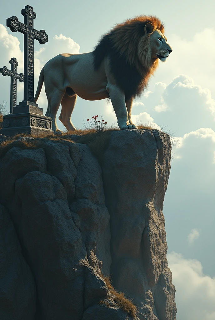 A lion on a cliff and below three crosses with black and white phrases