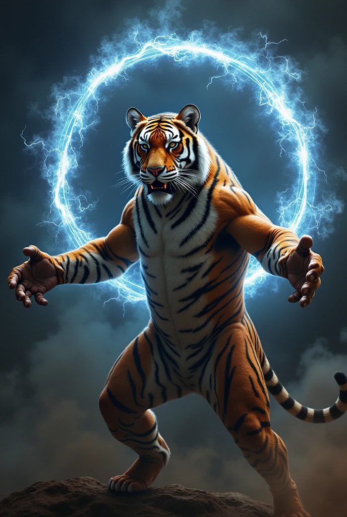 I want a very muscular tiger with a magic circle on its back, eyes very bright as if they were lightning and with both hands extended forward and apart, as if power was coming out of his hands like smoke