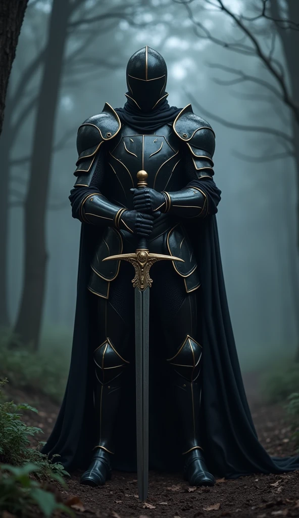 BlackKnight,Knight in Black Armor,Stab the two-handed sword into the ground,Hold the hilt of the sword with both hands,black cloack,supernatural armor,Golden color line,night forest,fog,cloak fluttering in the wind,(Wear a black tunic over your armor)