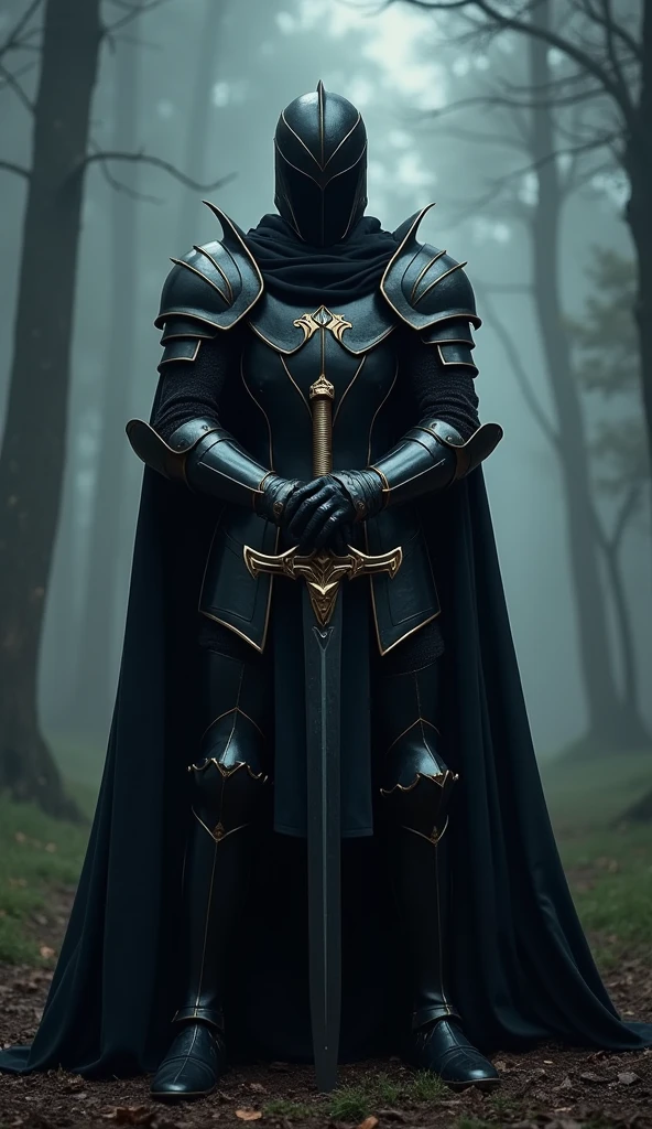 BlackKnight,Knight in Black Armor,Stab the two-handed sword into the ground,Hold the hilt of the sword with both hands,black cloack,supernatural armor,Golden color line,night forest,fog,cloak fluttering in the wind,(Wear a black tunic over your armor)