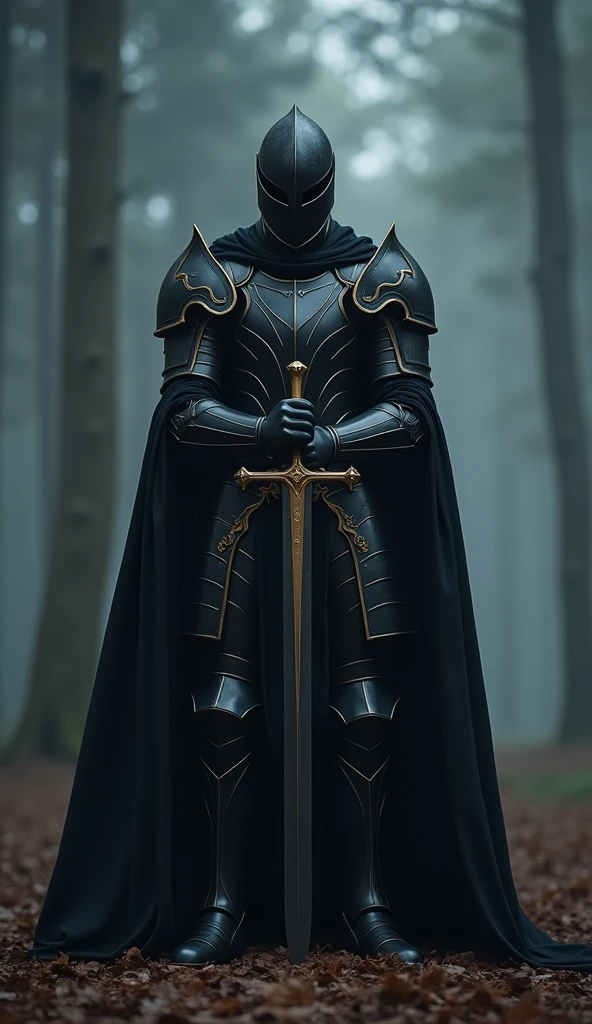 BlackKnight,Knight in Black Armor,Stab the two-handed sword into the ground,Hold the hilt of the sword with both hands,black cloack,supernatural armor,Golden color line,night forest,fog,cloak fluttering in the wind,(Wear a black tunic over your armor)