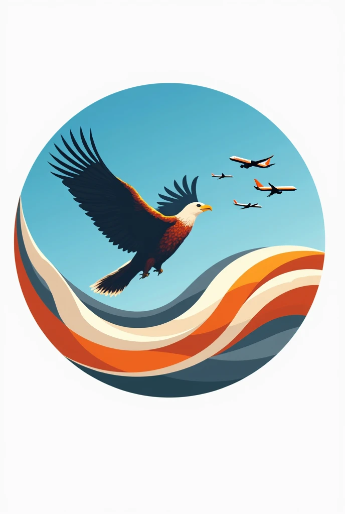 Round logo type rings in link,  orange and gray border, eagle looking up, blue sky background with miniatures of Gol aircraft flying.