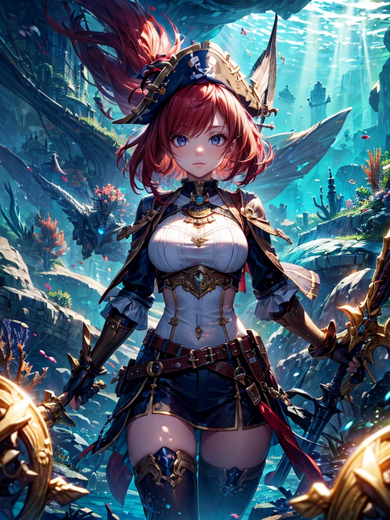 masterpiece,(bestquality),highlydetailed,ultra-detailed,1girl,(Pirates girl:golden,glowingeyes:Blue,goldenrarmor:1.2,elongatedears:0.8),(Inside the underwater cave、adventure:1.5,weapon:Pirate Sword),（treasure、Gold Bar:1.5）(fantasylandscape:1.2,natural lighting:1.5,confidentexpression),(panorama:1.2),Mecha Dragon、smile,angle,,chrome,raw（Red Hair:1.5）Landscape