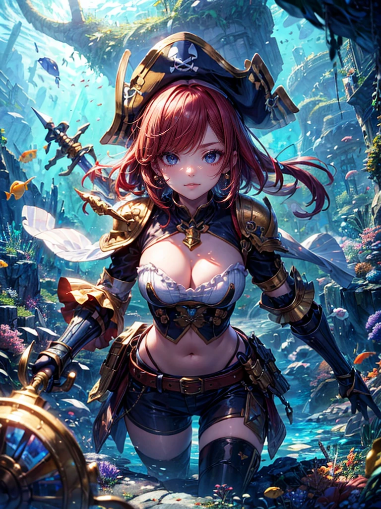 masterpiece,(bestquality),highlydetailed,ultra-detailed,1girl,(Pirates girl:golden,glowingeyes:Blue,goldenrarmor:1.2,elongatedears:0.8),(Inside the underwater cave、adventure:1.5,weapon:Pirate Sword),(treasure、Gold Bar:1.5)(fantasylandscape:1.2,natural lighting:1.5,confidentexpression),(panorama:1.2),Mecha Dragon、smile,angle,,chrome,raw(Red Hair:1.5)Landscape
