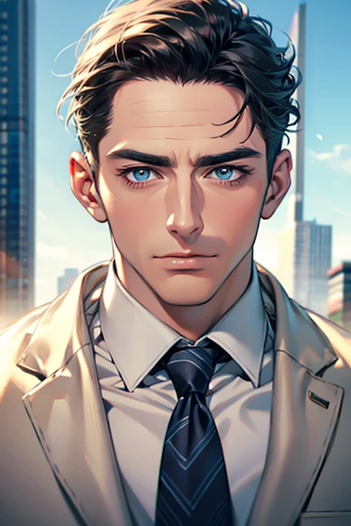(Best Quality,4k,8k,high resolution,Masterpiece:1.2),ultra detailed,(realist,photorealist,photo-realist:1.37),1 man,31 years,mature man,very handsome,without expresion,muscled body,short gray black hair,Blue eyes,glare,perfect face without mistakes,imposing posture,businessman,office background,cinematic lighting,imagen HDR