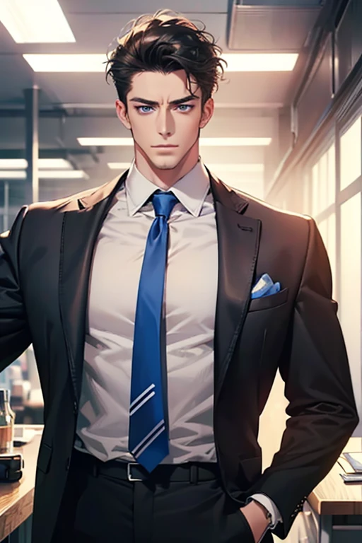 (Best Quality,4k,8k,high resolution,Masterpiece:1.2),ultra detailed,(realist,photorealist,photo-realist:1.37),1 man,31 years,mature man,very handsome,without expresion,muscled body,short gray black hair,Blue eyes,glare,perfect face without mistakes,imposing posture,businessman,office background,cinematic lighting,imagen HDR
