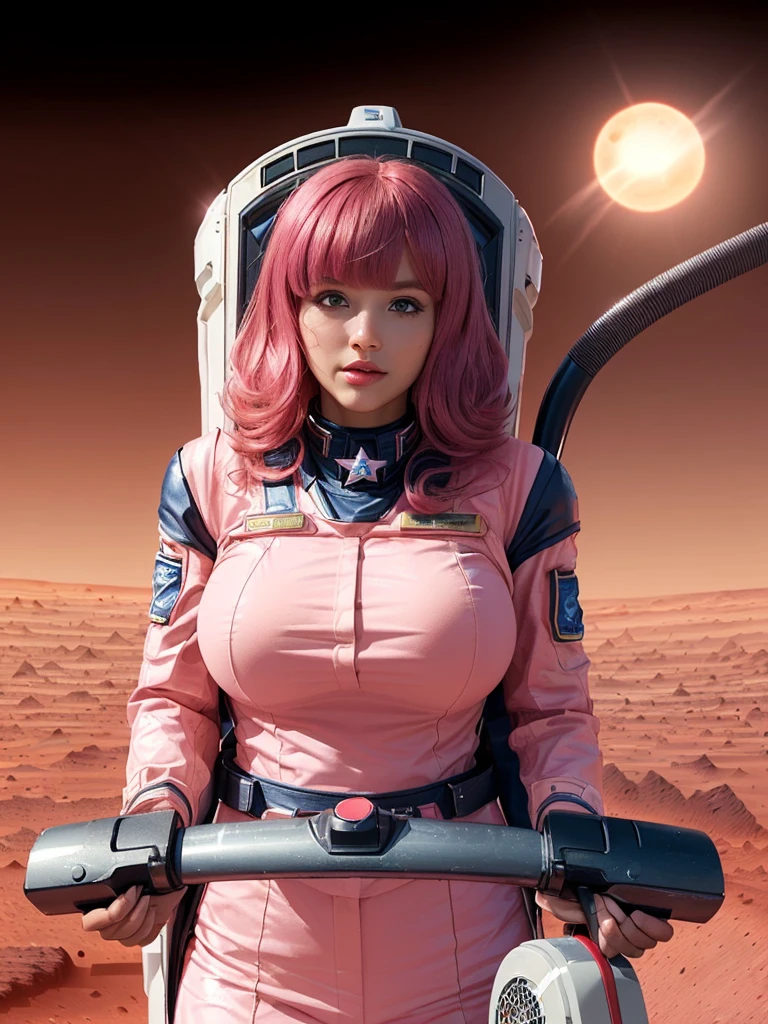 (saint girl :1.5),(big  breasts:1.5), ,(shiny  pink hair:1.3),(bangs:1.2),(vacuum battle uniform with red big star:1.5),(beautiful shiny skin:1.2),( shiny medium hair:1.3),(thick lip:1.3),(on mars flat :1.5)