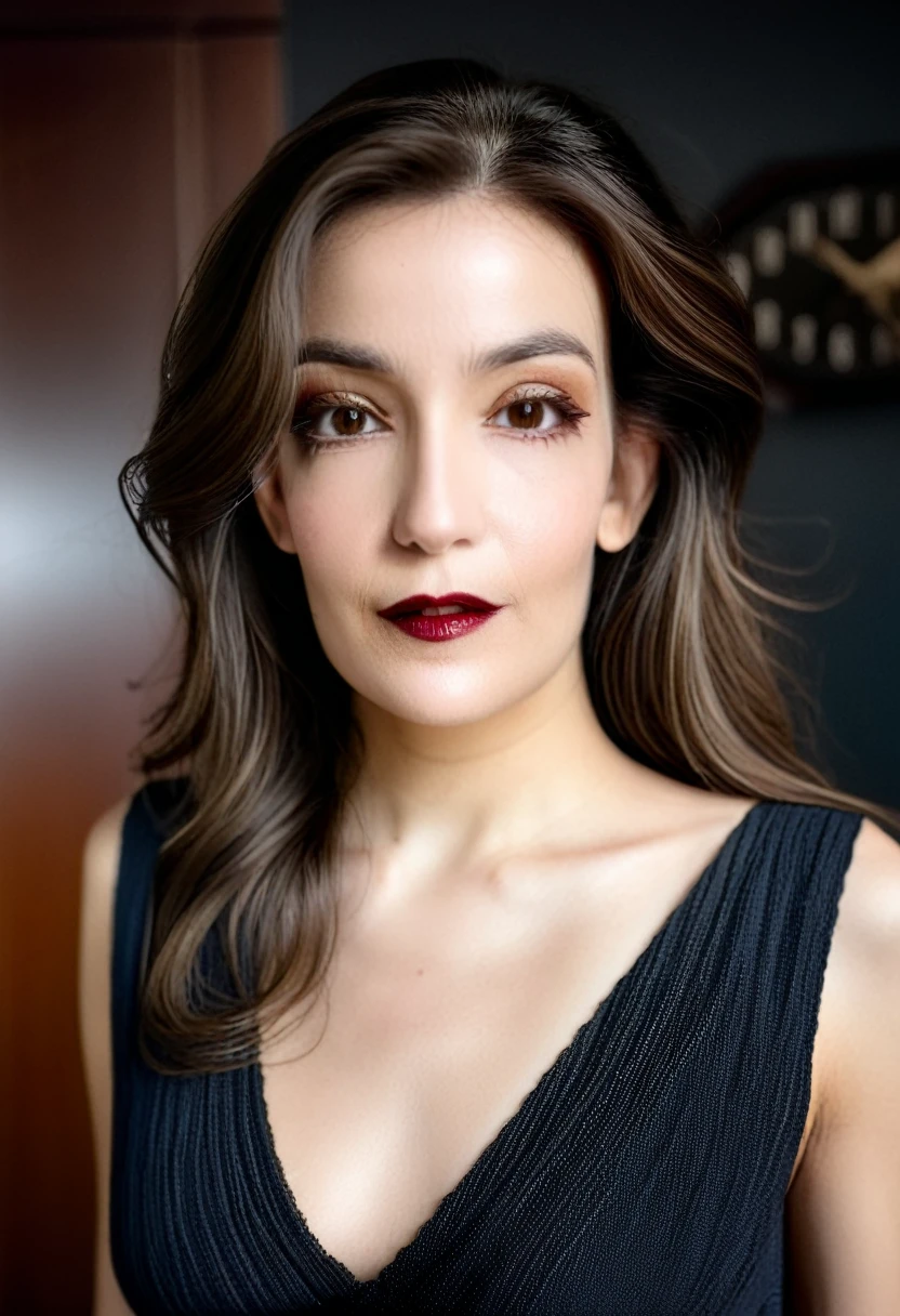 Young Beautiful woman, (Dark waist length long flowing hair), right side hair part, Flowing sleeveless Dress, (close-up, editorial photograph), [[Wide-angle photo]], (background inside dark, moody, private study:1.3), full body portrait, by lee jeffries, nikon d850, film stock photograph, 4 kodak portra 400, camera f1.6 lens, rich colors, hyper realistic, lifelike texture, dramatic lighting, cinestill 800, eye contact, faint smile, 1920s style, , soft makeup, Dark Hazel eyes, Eye contact, young woman
