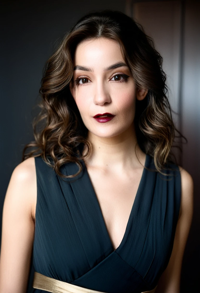 22 yrs Beautiful woman, long flowing hair, right side hair part, Flowing sleeveless Dress, (close-up, editorial photograph), [[Wide-angle photo]], (background inside dark, moody, private study:1.3), full body portrait, by lee jeffries, nikon d850, film stock photograph, 4 kodak portra 400, camera f1.6 lens, rich colors, hyper realistic, lifelike texture, dramatic lighting, cinestill 800, eye contact, faint smile, 1920s style, , soft makeup, Dark Hazel eyes, Eye contact, young woman in her 20's,
