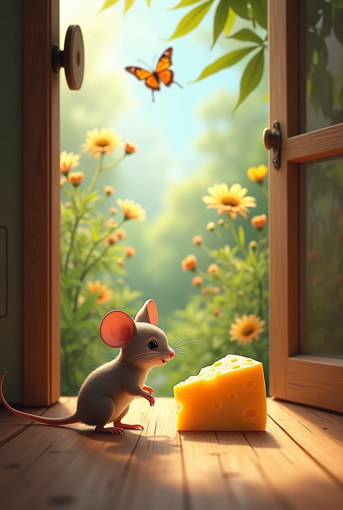 A mouse was going to eat a cheese inside a small house and a butterfly saw the cheese from the garden.
