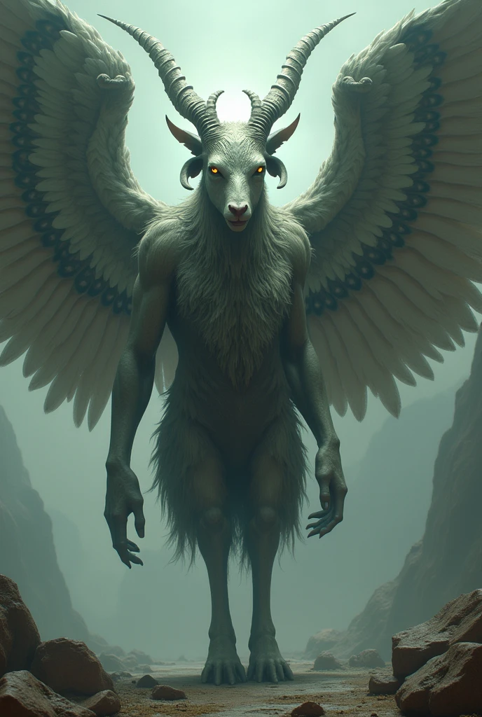 6 winged angel, two headed, six eyes, goat's feet, wings full of eyes, man&#39;s body